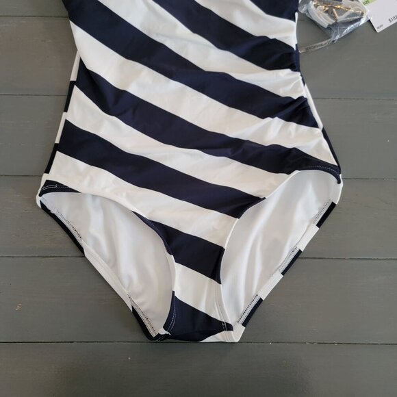 NWT Michael Kors Women's Navy Striped One Shoulder One-Piece Swimsuit Size 8 - Picture 2 of 9
